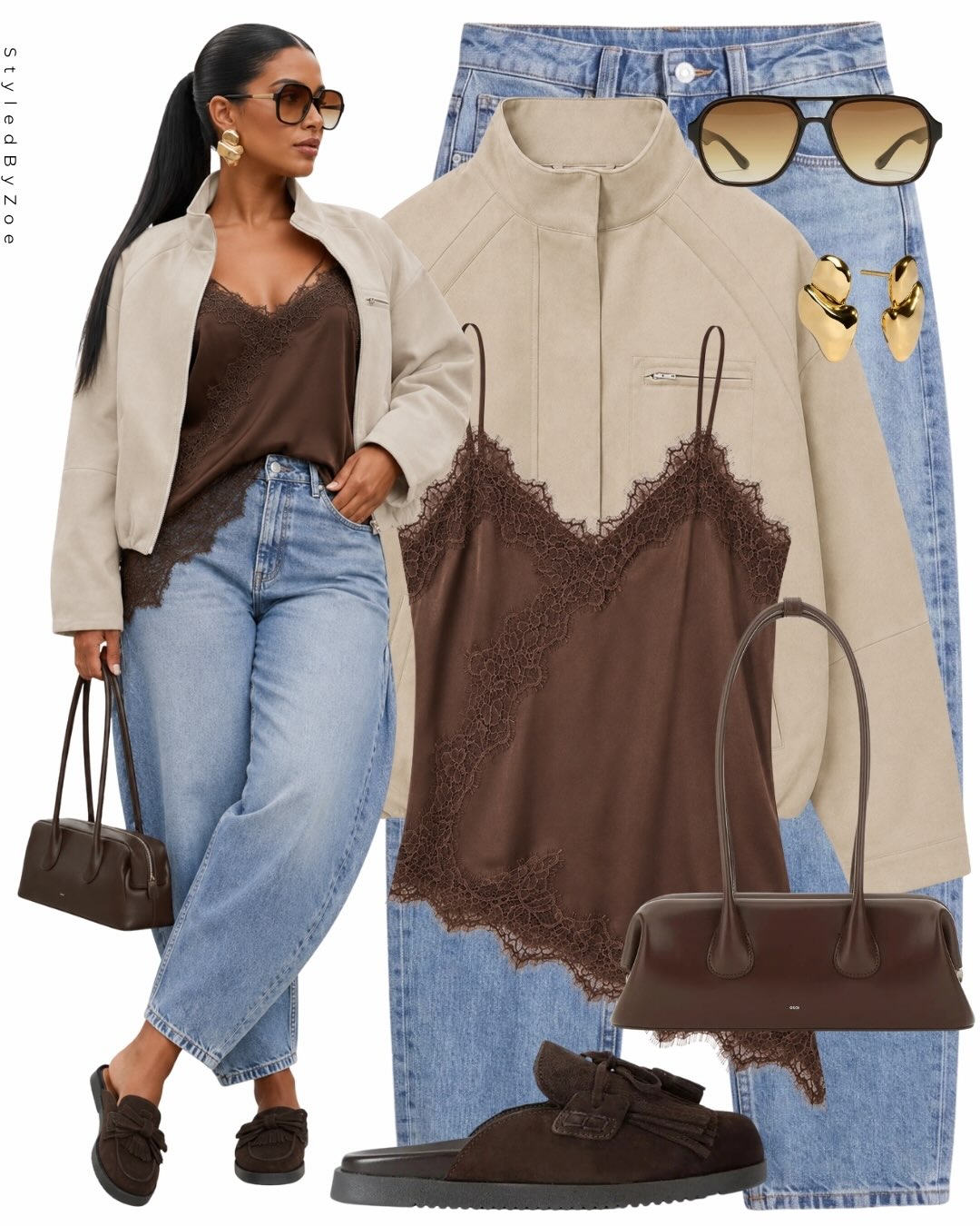 A Brown Lace Camisole with Light Denim and a Utility Jacket