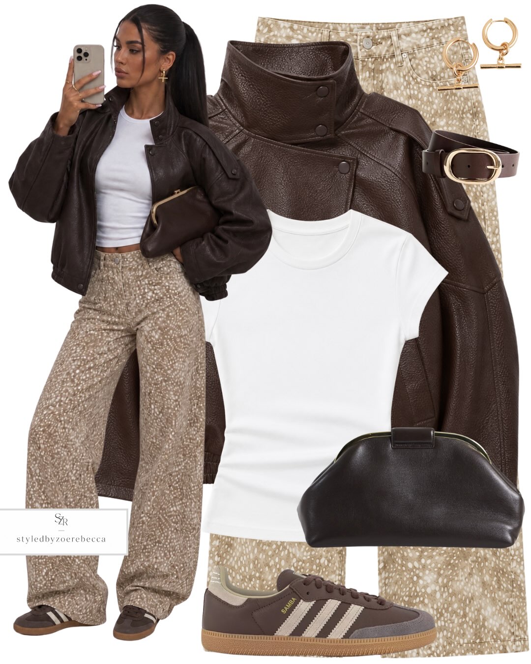 A Cropped Leather Jacket with Printed Trousers and Sneakers