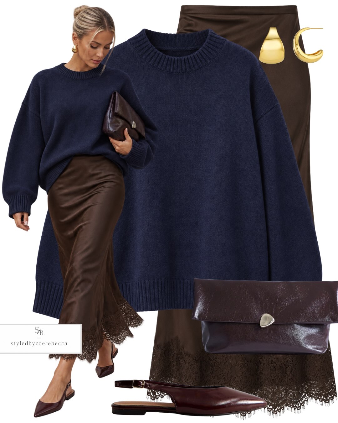 A Navy Sweater with a Chocolate Satin Skirt