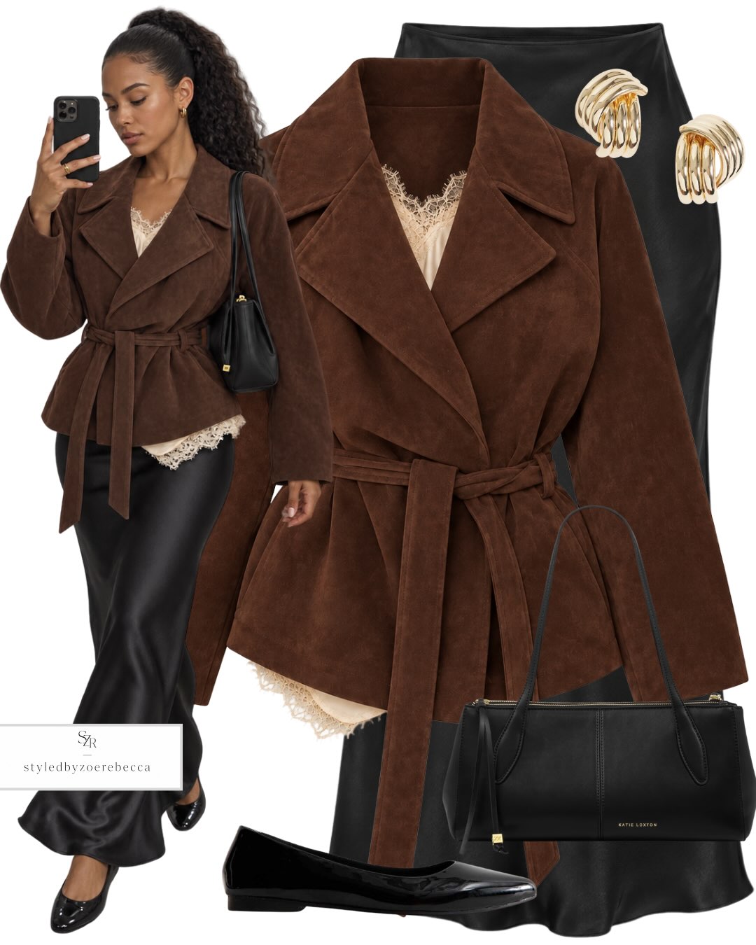 A Brown Wrap Jacket with a Black Satin Skirt